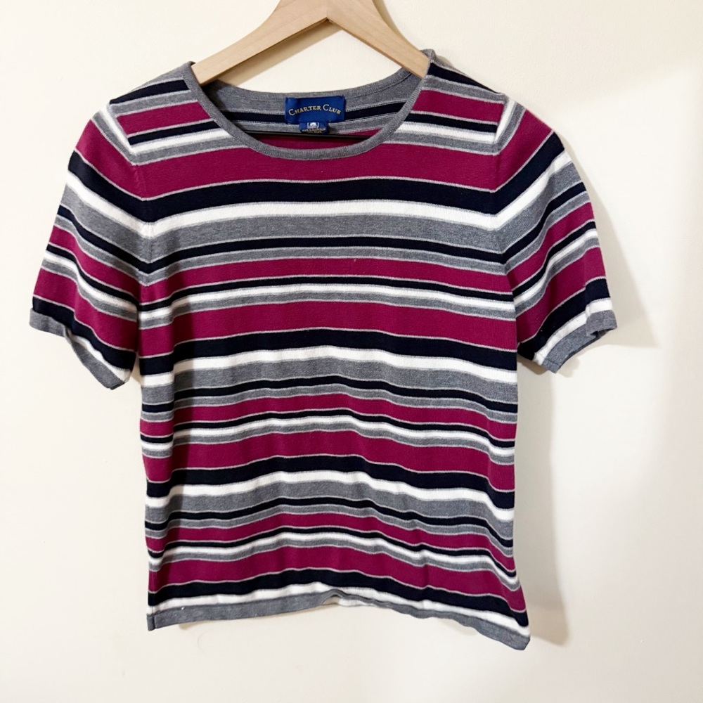 Charter Club Womens Striped Y2K Short Sleeve Shirt Size Small